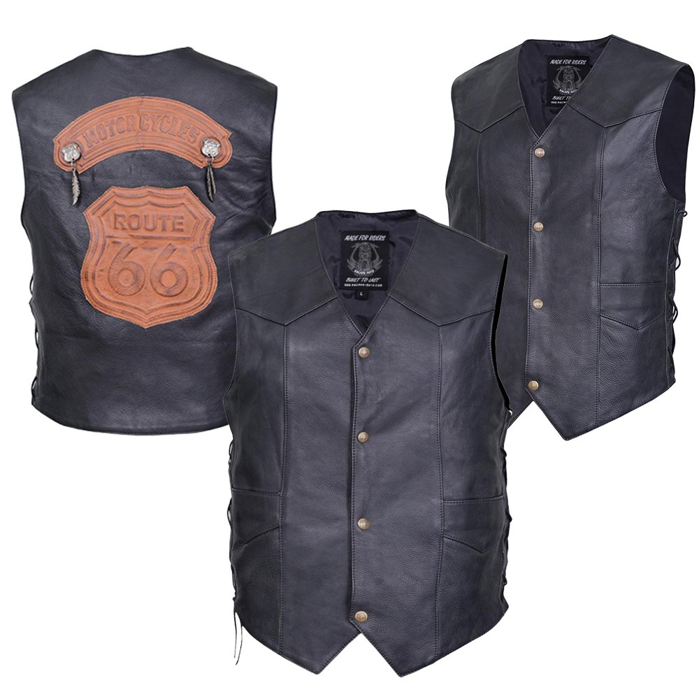Gilet de motard classique Route 66 en cuir véritable – Un essentiel intemporel pour les passionnés de moto
